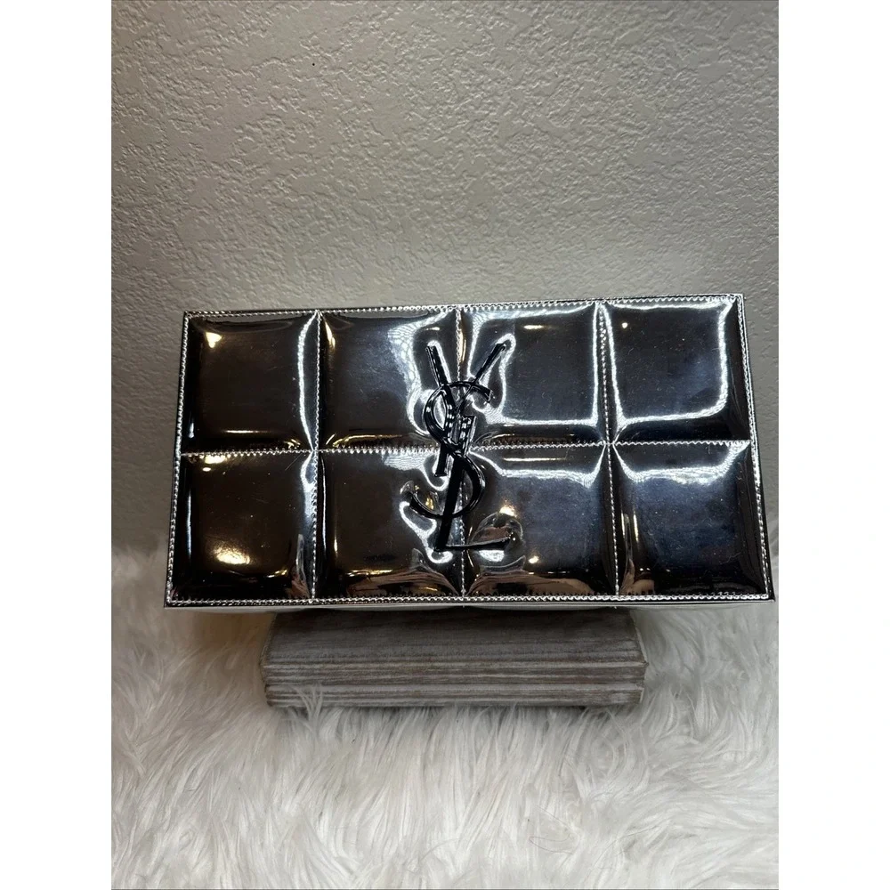 $110 🌙 YVES Saint Laurent BEAUTE Large Silver Quilted Mirror Logo Box VANITY